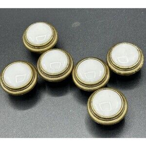 Lot Of 6 White Porcelain & Brass Vintage MCM Cabinet Knobs Drawer Pulls Handles